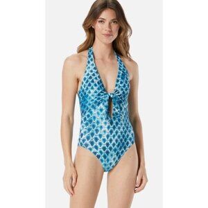 Vince Camuto Nile Boa Blue Tie Front Halter Swimsuit One-Piece 10 NWOT